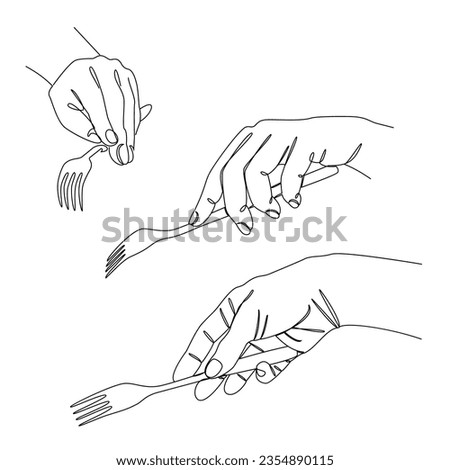 Collection. Silhouettes of a man's hand holding a fork in a modern one line style. Continuous line drawing, aesthetic outline for decor, posters, wall art, stickers, logo. Vector illustration set.