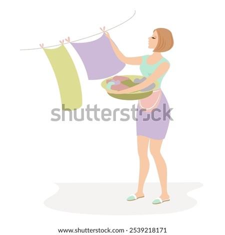 Silhouettes of the girl. Lady washes linen in a modern one line style. Continuous line drawing, aesthetic outline for home decor, posters, wall art, stickers, logo. Vector illustration.