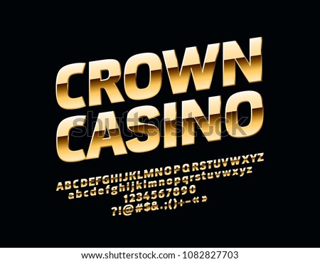 Vector glossy sign Crown Casino. Chic Golden rotated Alphabet Letters, Numbers and Symbols