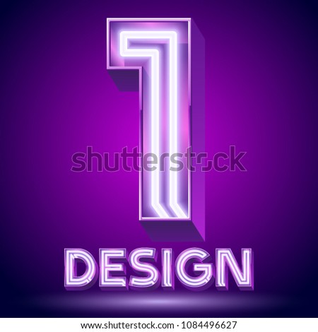 Vector violet glowing lamp tube Alphabet. Number 1