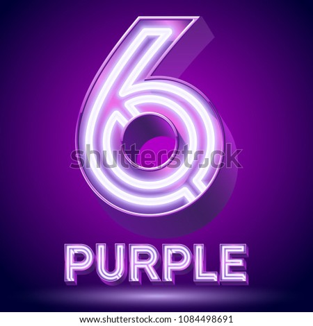 Vector violet glowing lamp tube Alphabet. Number 6