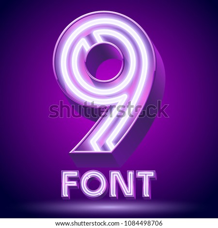 Vector violet glowing lamp tube Alphabet. Number 9