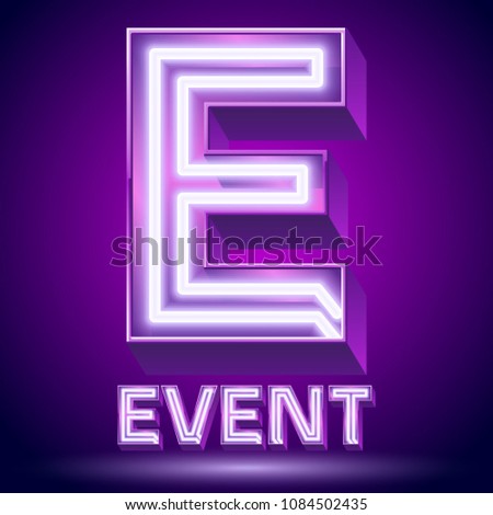 Vector violet glowing lamp tube Alphabet. Letter E