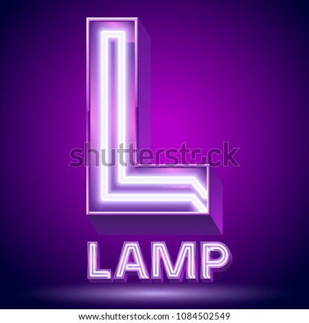 Vector violet glowing lamp tube Alphabet. Letter L