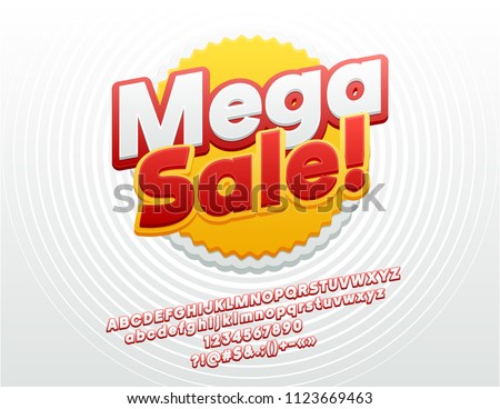 Vector Bright Mega Sale Logo. Sticker Font. Trendy Alphabet Letters, Numbers and Symbols