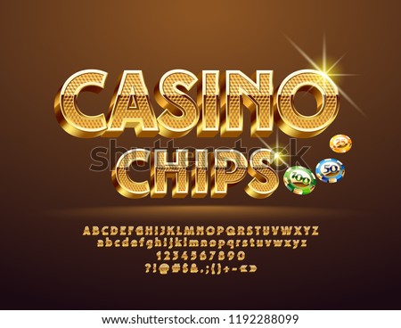 Vector Golden pattern text Casino Сhips with Illustration. Luxury 3D Font. 
Sparkling elegant Alphabet Letters, Numbers and Symbols