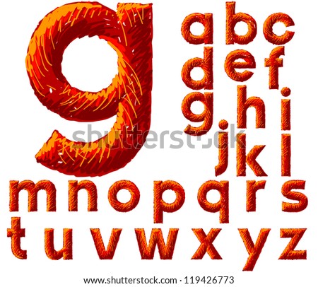 Red sketch alphabet. Vector illustration of hand drawing font. Smallcaps letters