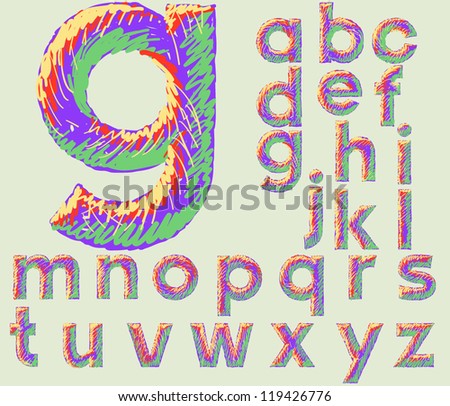 Colorful sketch alphabet. Vector illustration of hand drawing font. Smallcaps letters