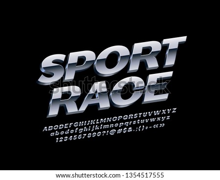 Vector metallic logo Sport Race with industrial style Font. Silver 3D Alphabet Letters, Numbers and Symbols.