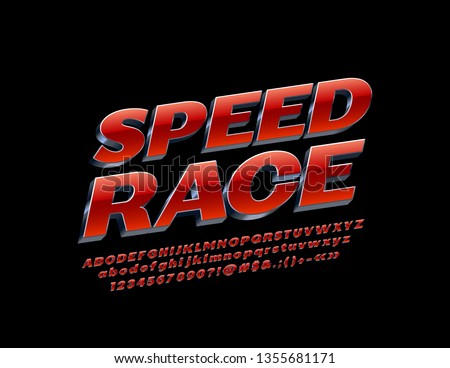 Vector modern emblem Speed Race with  Red and Silver Alphabet. Chrome Letters, Numbers and Symbols. Metallic 3D Font