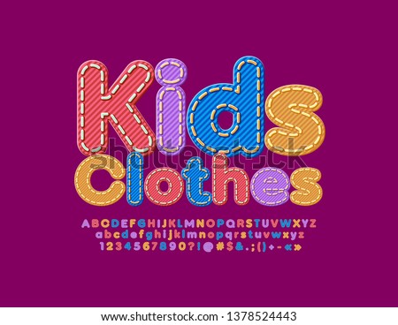 Vector denim emblem Kids Clothes with colorful Font. Jeans textured Alphabet Letters, Numbers and Symbols