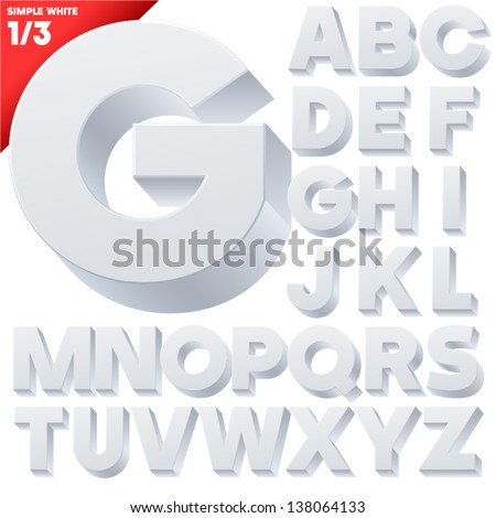 Vector alphabet of simple 3d letters. Sans bold. Upper cases White