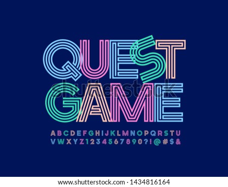 Vector bright logo Quest Game with maze creative Font. Bright Uppercase Alphabet. Set of original Letters and Numbers