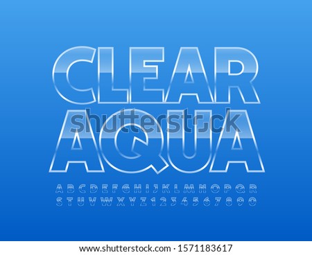 Vector iced logo Clear Aqua with transparent Font. Glass Alphabet Letters and Numbers