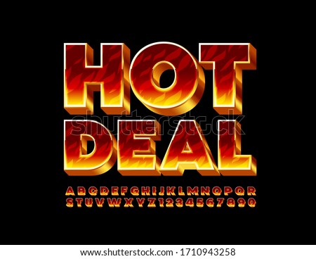 Vector creative emblem Hot Deal with Fire 3D Font. Burning Alphabet Letters and Numbers