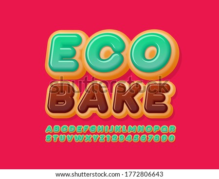 Vector modern logo Eco Bake with tasty Green Glazed Alphabet Letters and Numbers. Sweet Donut Font