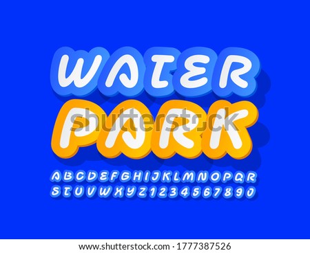 Vector creative logo Water Park. Blue Sticker Font. Handwritten Alphabet Letters and Numbers