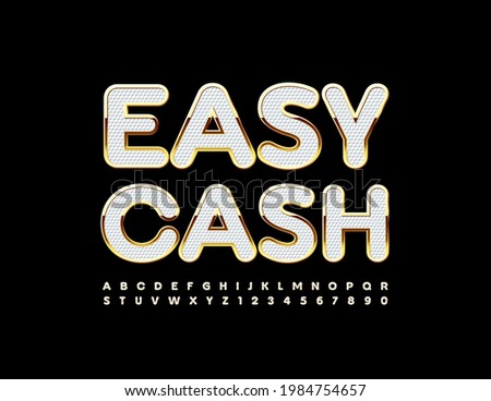 Vector business logo Easy Cash. Textured White and Gold Font. Elite Alphabet Letters and Numbers set