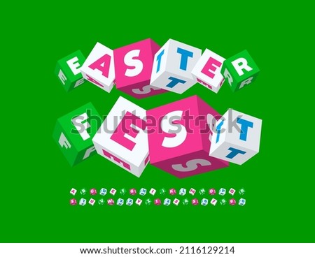 Vector bright flyer Easter Fest. Creative 3D Font. Toy Block Alphabet Letters and Numbers set Stock fotó © 