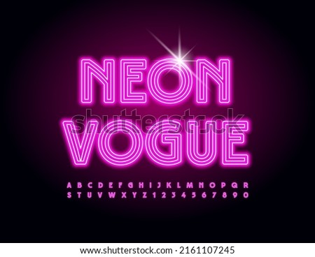 Vector electric emblem Neon Vogue. Light tube Font. Maze style Alphabet Letters and Numbers set