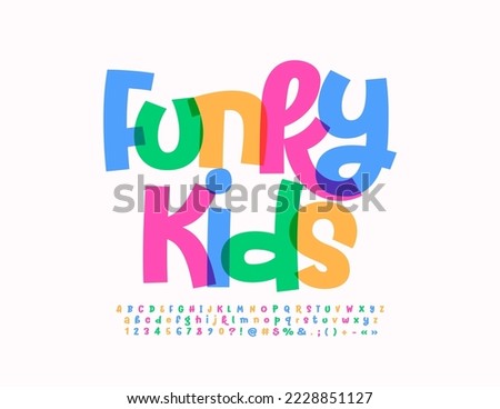 Vector watercolor emblem Funky Kids. Bright artistic Font. Creative Alphabet Letters and Numbers.