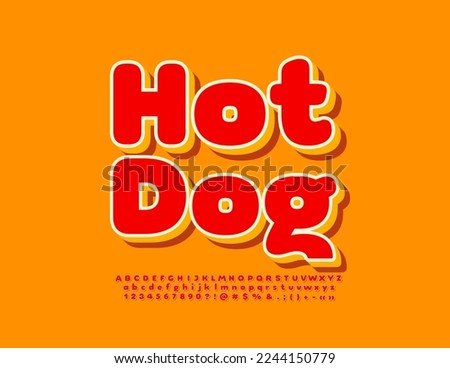 Vector advertising poster Hot Dog. Modern 3D Font. Bright creative Alphabet Letters and Numbers