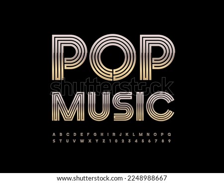 Vector modern Poster Pop Music. Trendy Silver Font. Metallic Alphabet Letters and Numbers set.