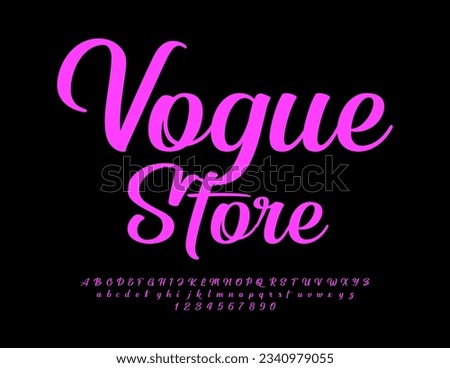 Vector bright logotype Vogue Store. Violet Alphabet Letters, Numbers and Symbols set. Elegant Violet Font