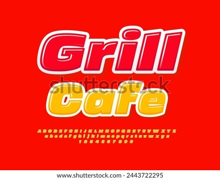 Vector advertisement poster Grill Cafe. Creative Font. Glossy Alphabet Letters, Numbers and Symbols.