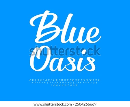 Vector elegant emblem Blue Oasis. White Beautiful Font. Set of Cursive Alphabet Letters and Numbers