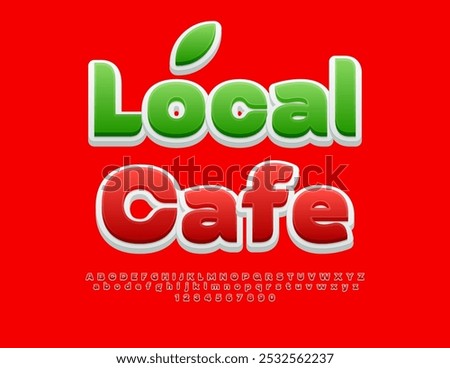 Vector bright banner Local Cafe. Stylish Red Font. Trendy Alphabet Letters and Numbers set.