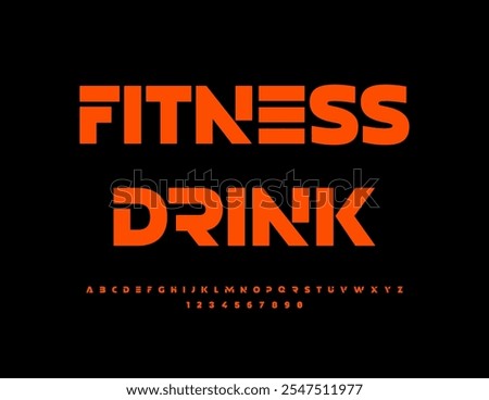 Vector modern logo Fitness Drink. Exclusive Red Font. Trendy set of Futuristic Alphabet Letters and Numbers.