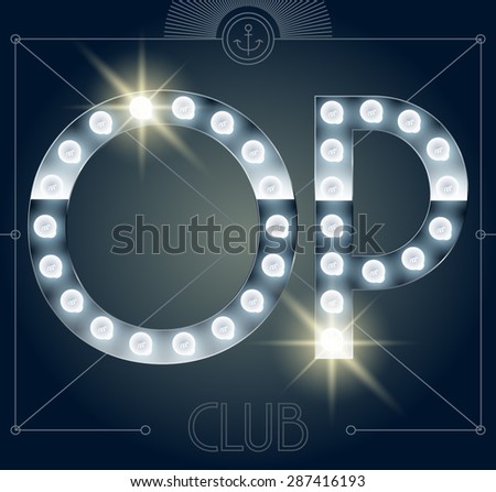 Futuristic vector lamp alphabet on glossy mirror background. Letters O P Foto stock © 