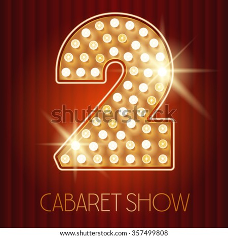 Vector shiny gold lamp alphabet in cabaret show style. Number 2