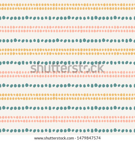 Lines of abstract spots and shapes minimalist seamless vector pattern. Pastel decorative tribal stripe design. Boho beads and stones repeating pattern in blue, pink and yellow on off-white background.