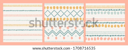Set of seamless vector patterns. Abstract hand-drawn shapes, dot stripes, crossed lines. Collection of pastel textile designs. Light summer print in yellow, blue and pink on a neutral background.