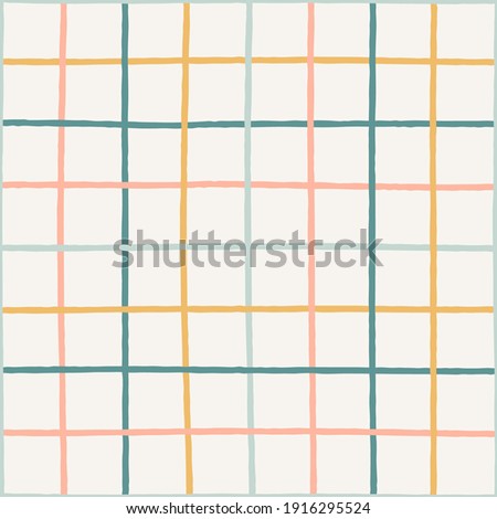 Colorful crossed lines grid pastel seamless vector pattern. Hand-drawn squared pattern. Gender neutral pastel plaid design. Yellow, blue, pink, green, teal stripes on an off-white background.