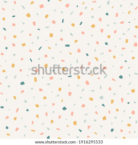 Pastel terrazzo seamless vector pattern. Hand-drawn colorful abstract texture. Gender neutral trendy print in yellow, blue, pink on off-white background.