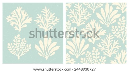 Coral reef and seaweed prints and seamless pattern with speckled texture. Pastel blue and cream underwater sea life, coral and algae vintage summer holiday hand drawn coastal print set and background.