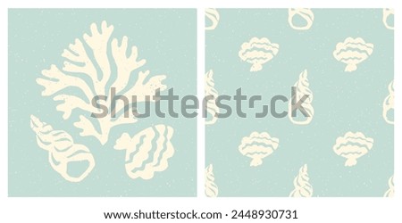 Coral and sea shells print and textured seamless pattern. Underwater sea life, sea shells, coral reef pastel blue speckled vintage summer holiday coastal print and background.