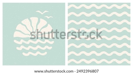 Sea sunset and flying seagulls print and ocean waves pattern set. Pastel blue coastal holiday retro groovy design. Vintage summer surf aesthetic cut out collage t shirt, poster, cover design template.