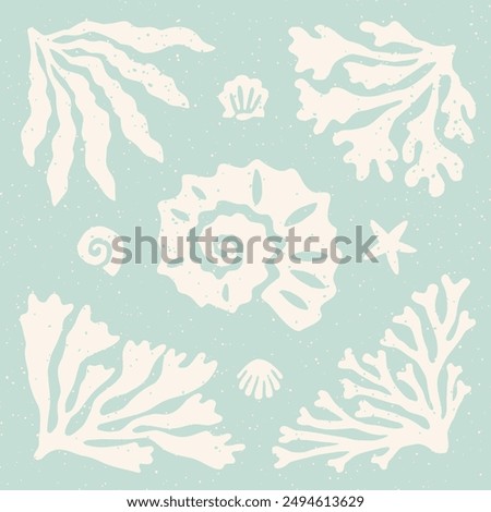 Seashells, coral and seaweed cutouts. Seaweed and corals on pastel blue background block print square composition. Sea holiday cut out collage elements set. Coastal design linocut elements collection.