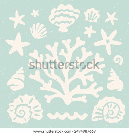 Cut out seashells and coral decorative square block print. Seashell and starfish cutouts on pastel blue background coastal holiday collage element set. Seashell collection summer beach resort design.