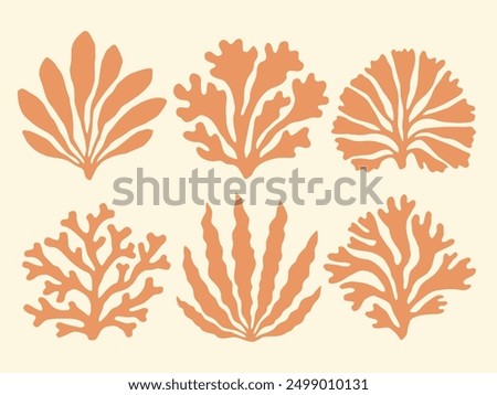 Coral reef and seaweed silhouette collection. Underwater sea life summer holiday cutouts block print. Peach orange seaweed, algae, corals nautical collage design element set, hand drawn illustrations.