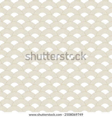 Linear scales seamless pattern. Classic overlapping scales pattern. Golden lines design on white background. Traditional asian linear scale texture in art deco style. Thin line geometric background.