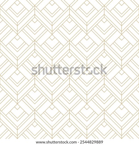 Gold and white chevron line cells seamless pattern. Abstract geometric linear scales structure pattern. Luxurious fine line lattice texture pattern. Golden lines on white background minimalist design.