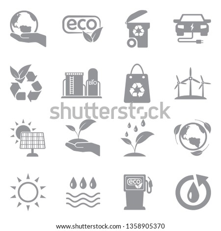 Ecology Icons. Set 2. Gray Flat Design. Vector Illustration.