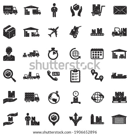 Shipping And Delivery Icons. Black Scribble Design. Vector Illustration.