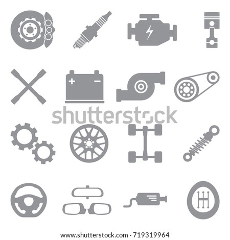 Car Parts Icons. Gray Flat Design. Vector Illustration. 