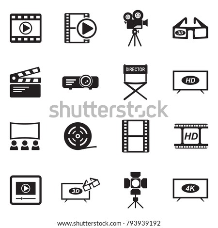 Movie Icons. Black Flat Design. Vector Illustration. 